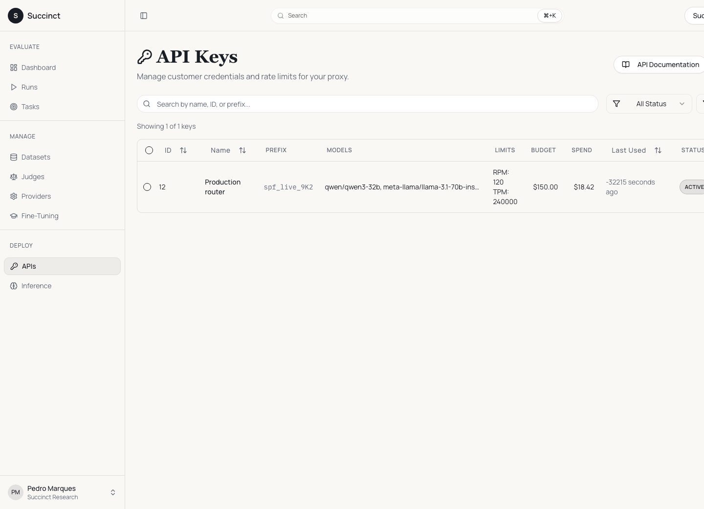 Succinct API key screen showing production router credentials, model limits, budget, and spend.