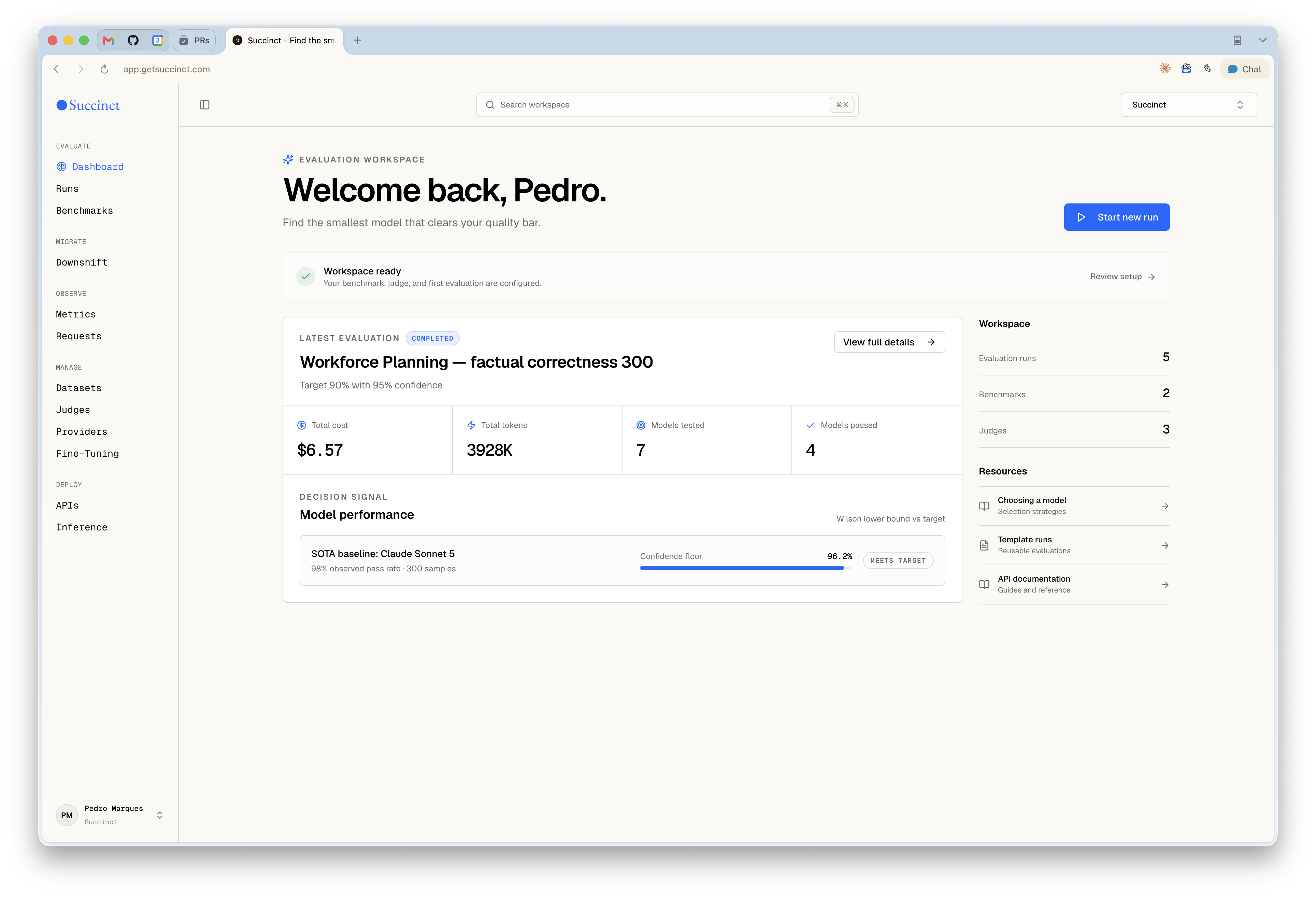 Succinct dashboard showing workspace readiness, the latest Workforce Planning evaluation, model performance, and workspace totals.