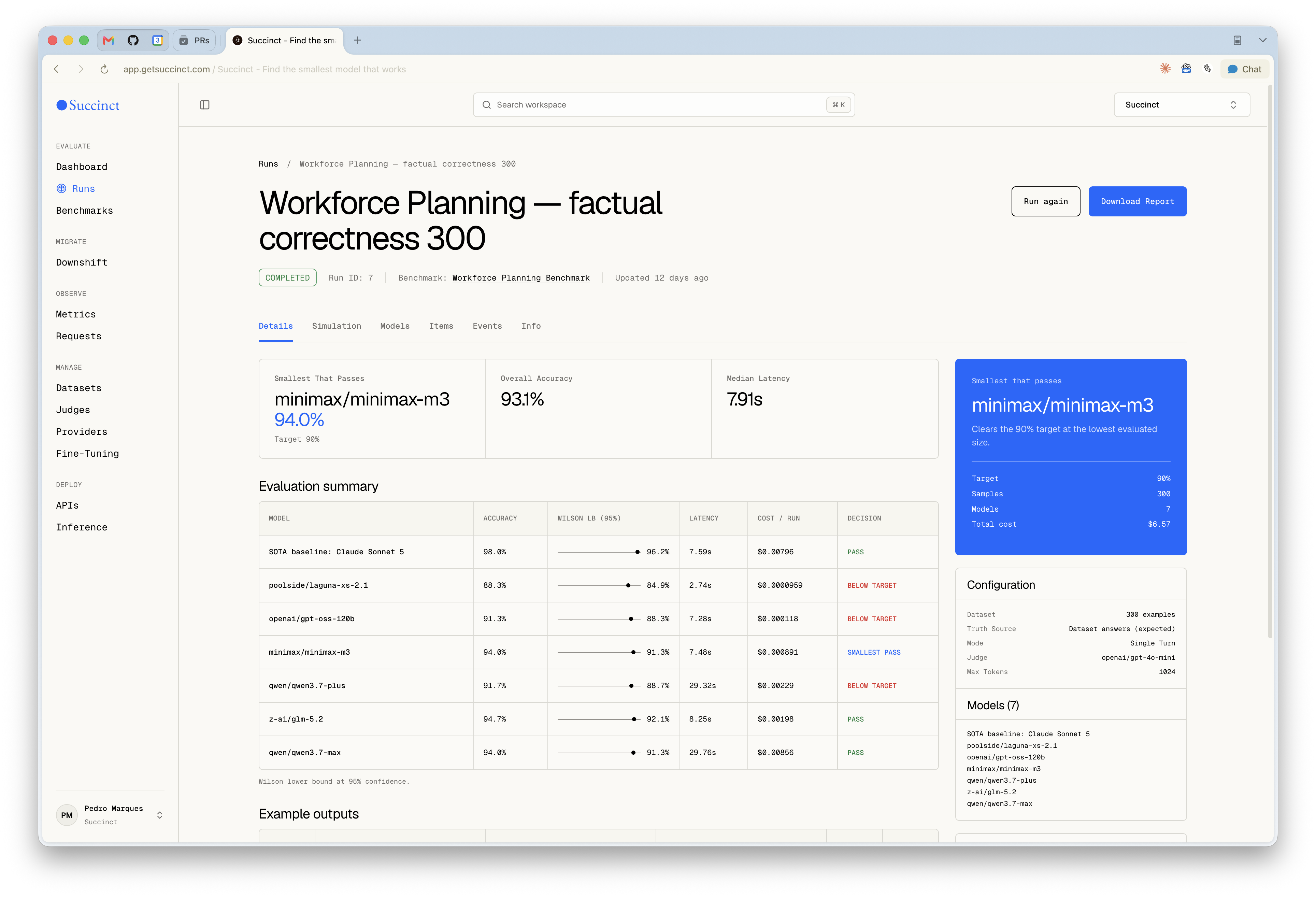 Succinct run detail screen for the Workforce Planning benchmark, showing the smallest passing model, accuracy, latency, evaluation summary, and configuration.