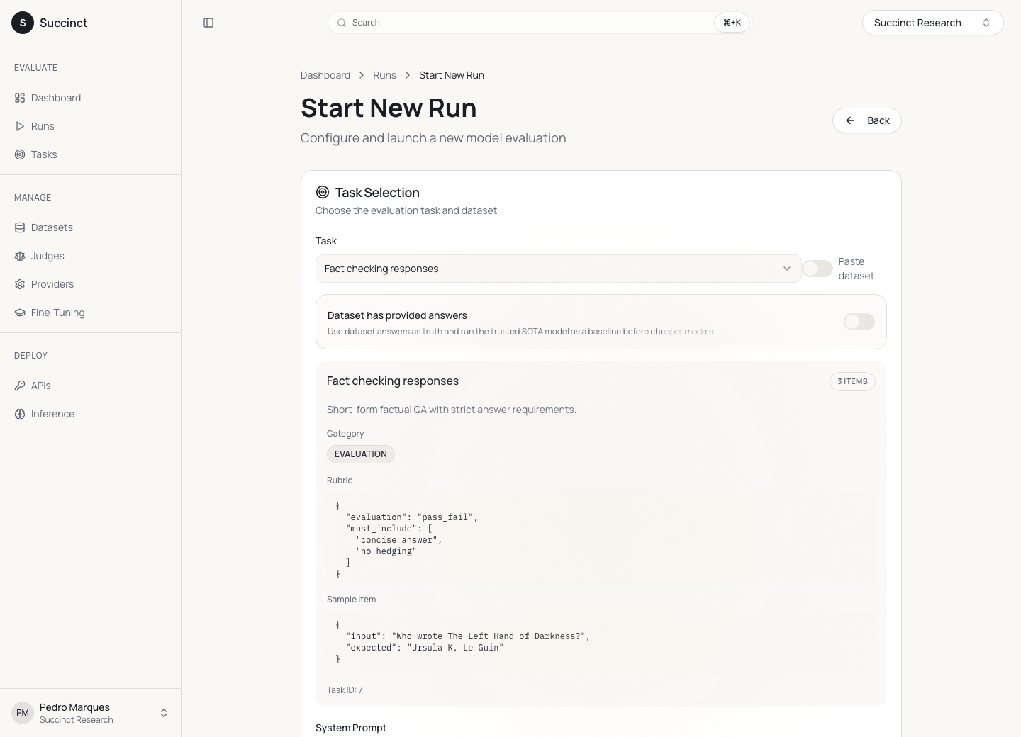 Succinct start-run screen showing task selection, rubric, and sample item.